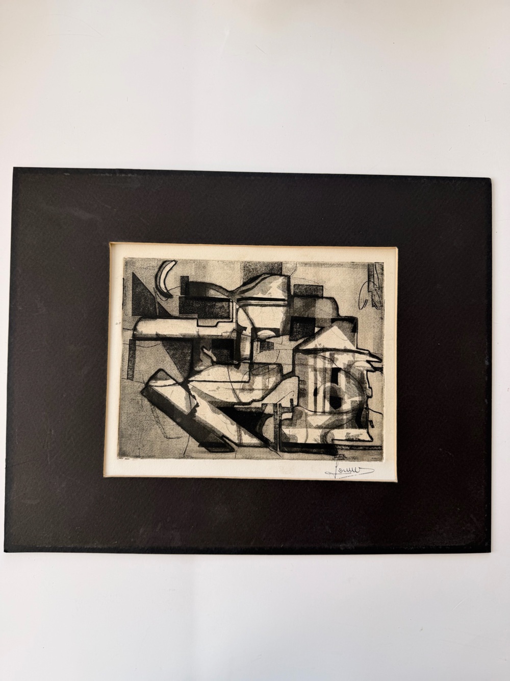 Abstract Black & White Matted Charcoal Art Print Signed by Artist Geometric